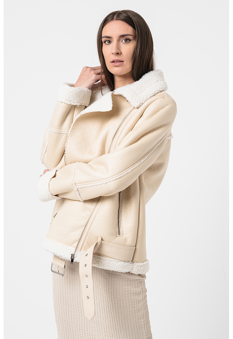 Jacheta de piele ecologica cu garnituri de blana shearling sintetica camma