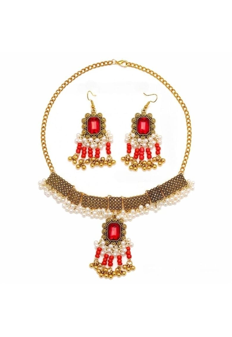 Set colier si cercei - auriu - stil indian - cu pietre rosii si perle - Liana C15 - Set colier si cercei - auriu - stil indian - cu pietre rosii si perle - Liana C15 -