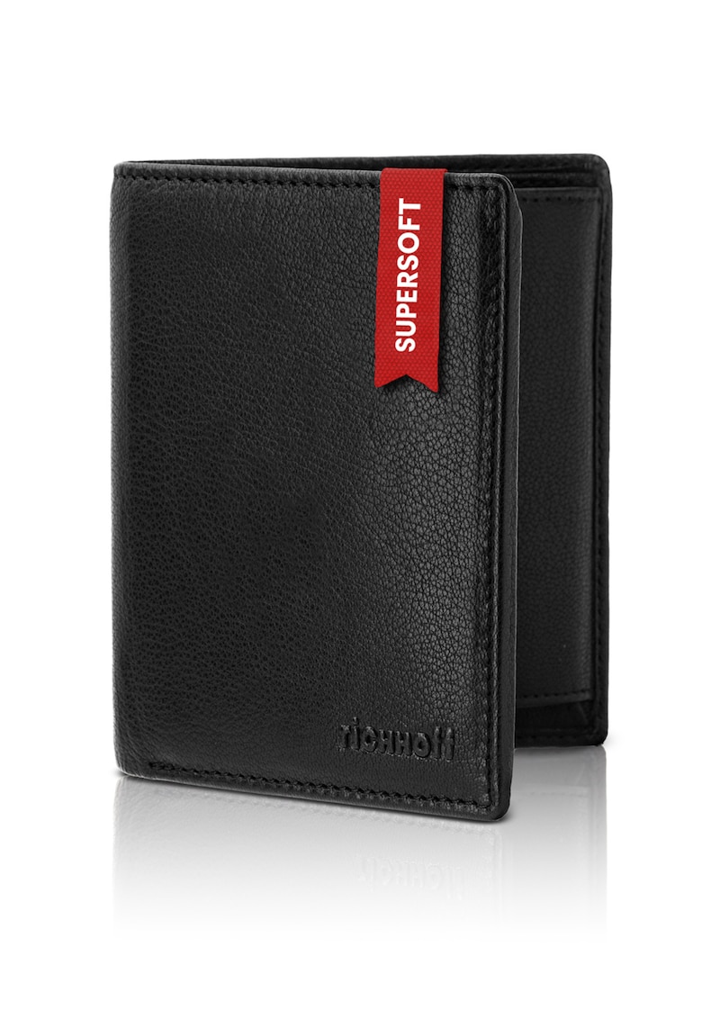 Portofel vertical pentru barbati - piele naturala - negru - cu protectie RFID -  SuperSoft - marime L - ambalat in cutie cadou premium