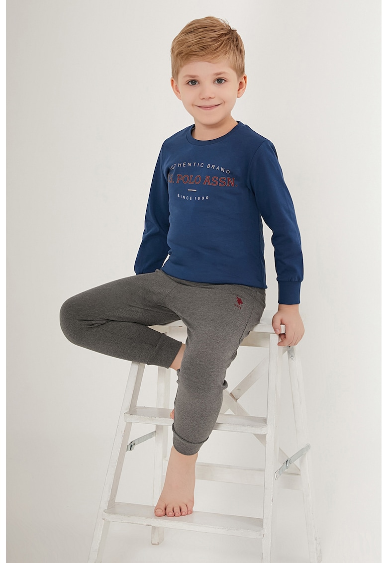 Pijama de bumbac cu imprimeu logo - Gri inchis melange/Bleumarin