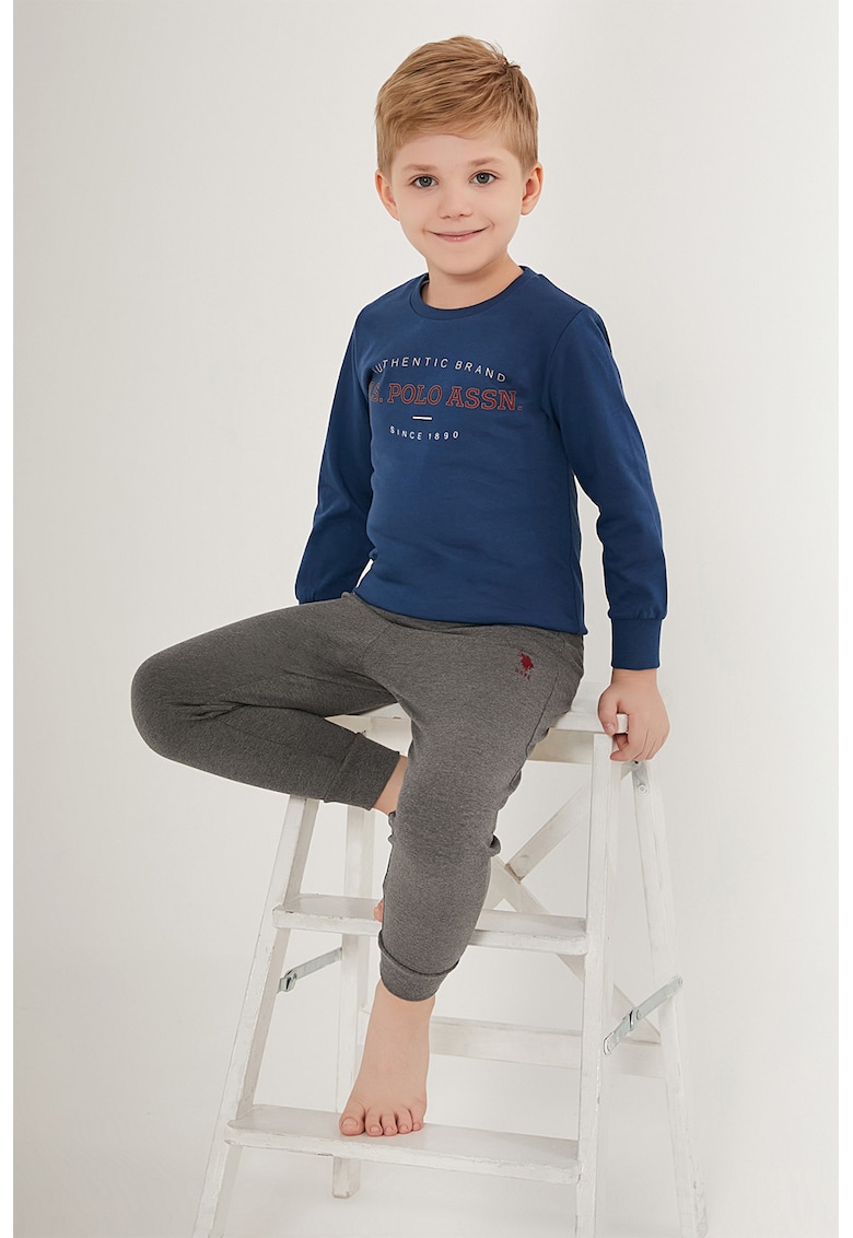 Pijama de bumbac cu imprimeu logo - Albastru inchis/Gri inchis melange