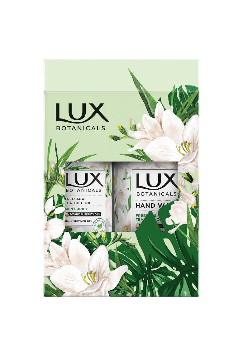 Set cadou botanicals: Gel de dus LUX Frezie si ulei din arbore de ceai - 500 ml + sapun lichid LUX Frezie si ulei din arbore de ceai - 400 ml