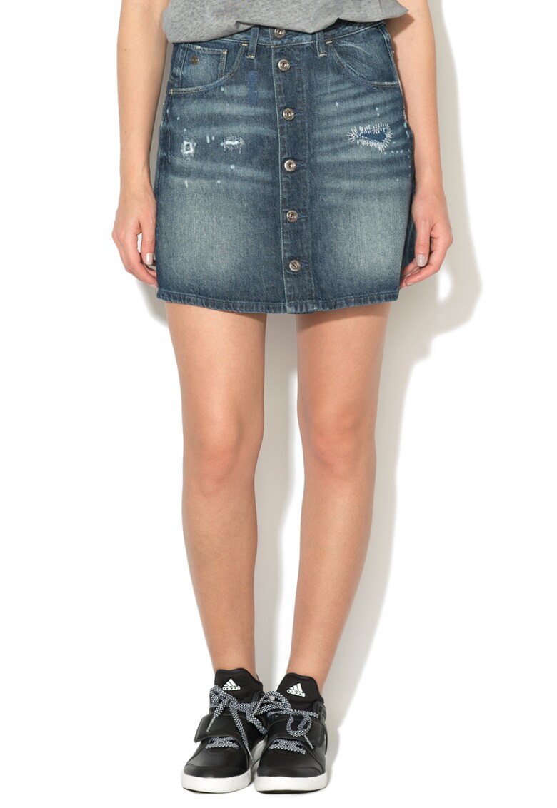 Fusta albastru inchis din denim cu croiala in A BTN