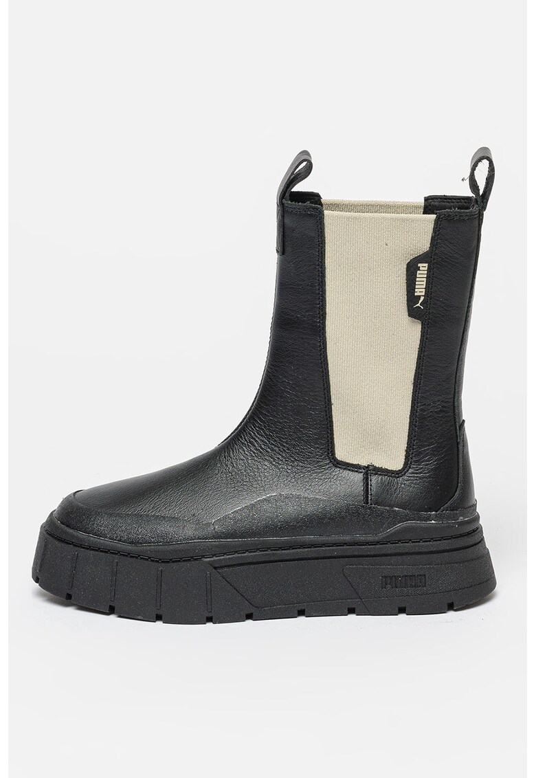 Ghete Chelsea de piele cu segmente din material textil Mayze Stack - Negru/Ecru