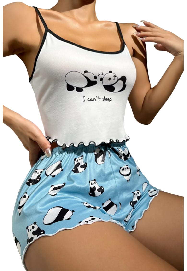 Pijama sexy dama - set 2 piese - top si pantaloni scurti - tematica I can’t sleep - model lazy panda - EFAYN