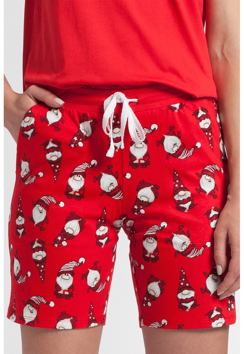 Pantaloni scurti de pijama cu imprimeu Gnome si buzunare laterale