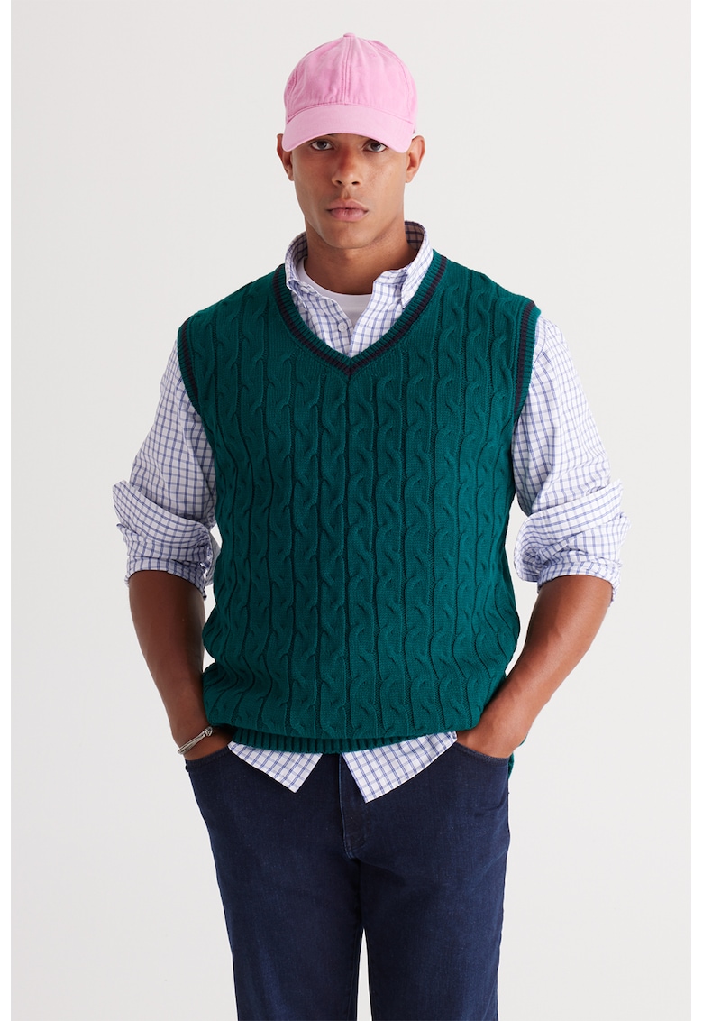 Vesta-pulover cu decolteu in V si model torsade