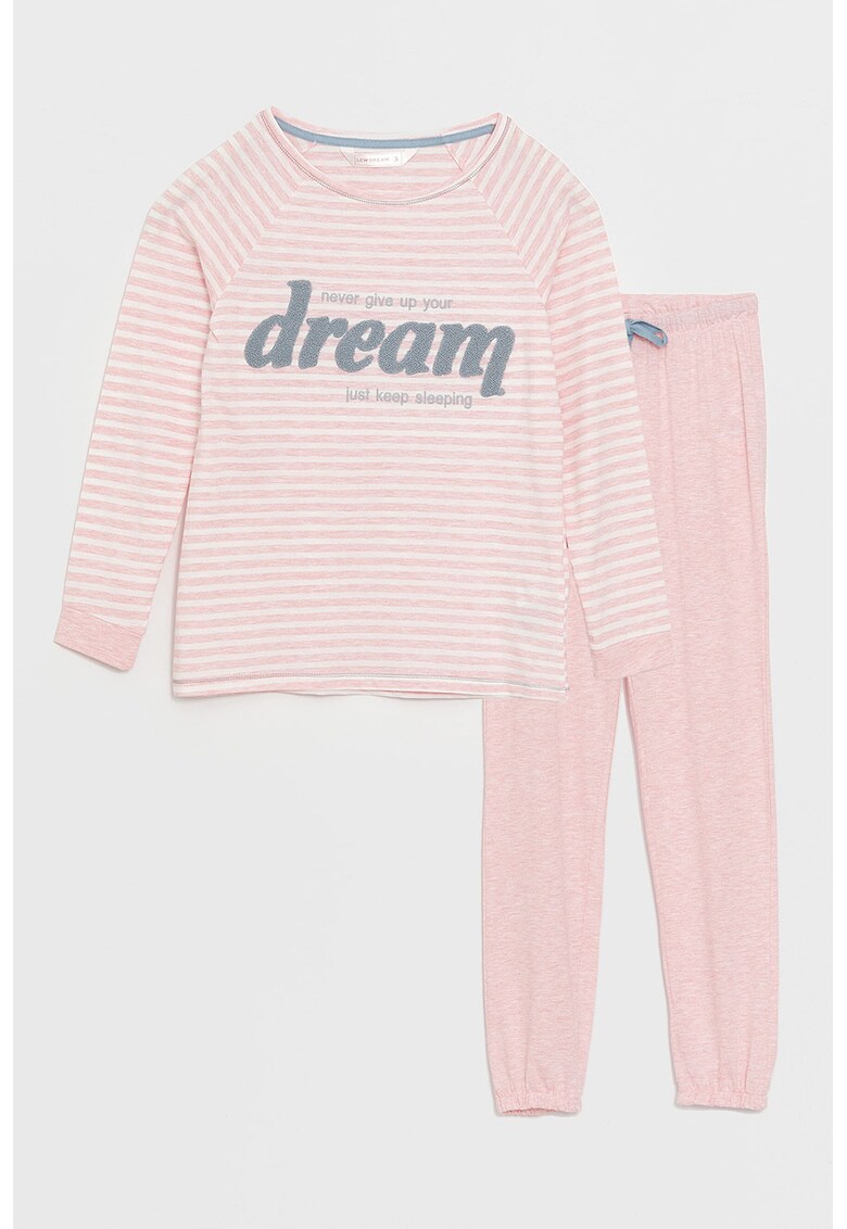 Pijama cu pantaloni lungi si model cu dungi si text