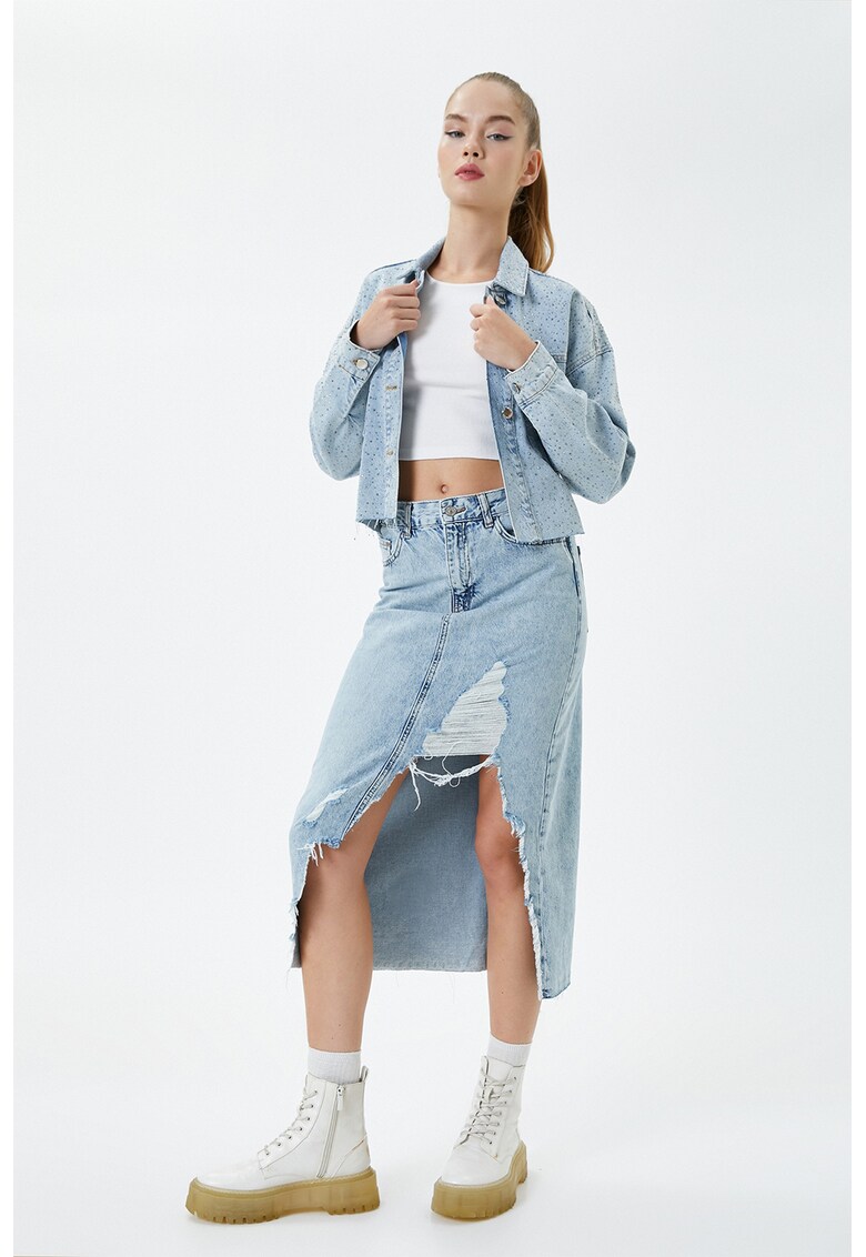 Fusta midi denim cu aspect franjurat