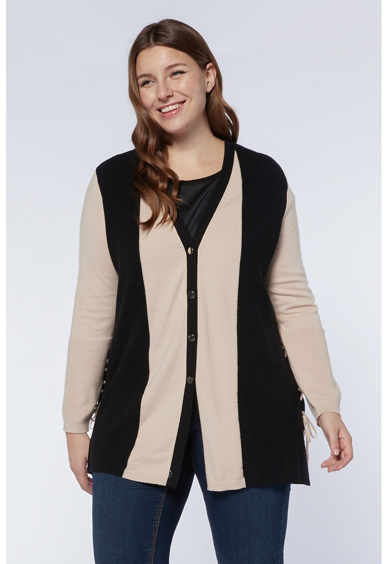 Cardigan cu model colorblock si sireturi decorative