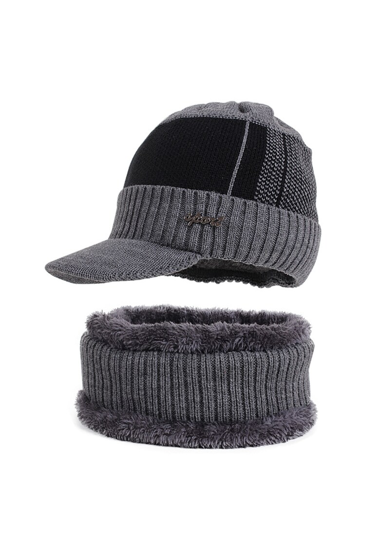 Set doua piese - caciula tip sapca pentru barbati cu imprimeu texturat si cozoroc curbat - fular asortat - captuseala pufoasa si calduroasa - model sport style - marime universala - EFAYN