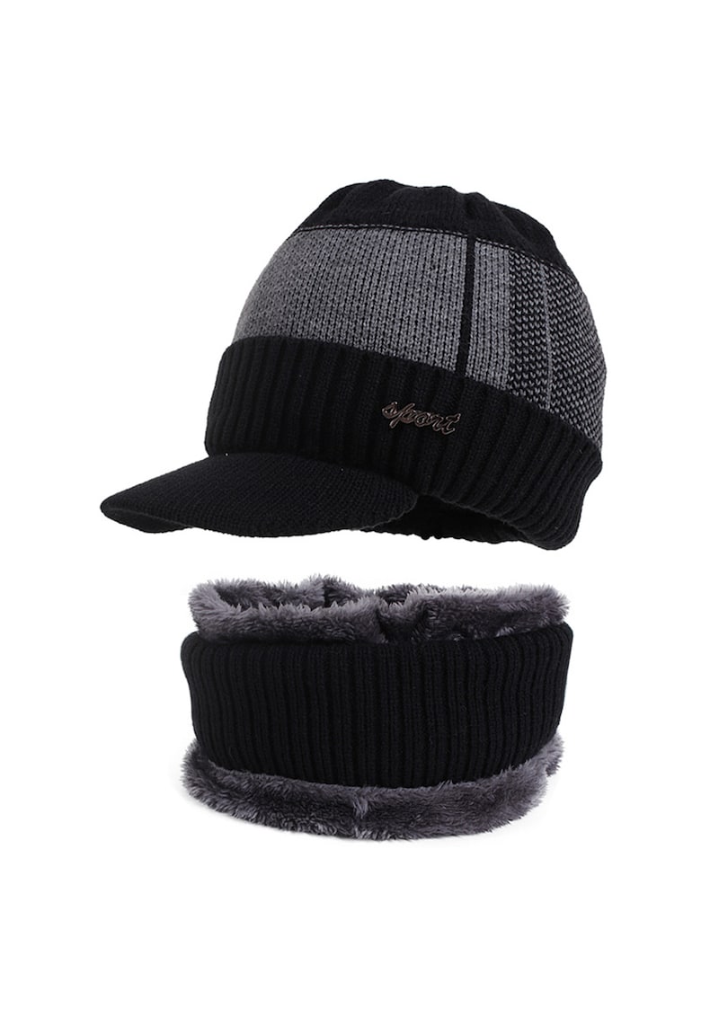 Set doua piese - caciula tip sapca pentru barbati cu imprimeu texturat si cozoroc curbat - fular asortat - captuseala pufoasa si calduroasa - model sport style - marime universala - EFAYN