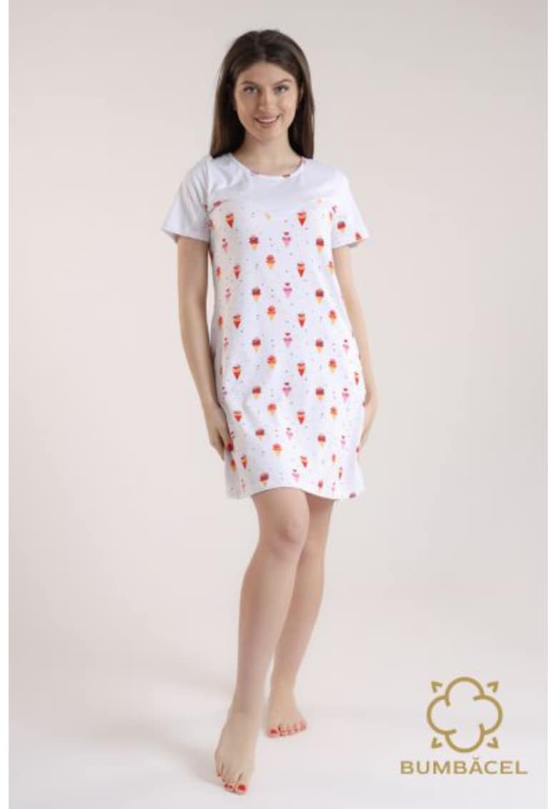 Cămașă de noapte cu mânecă scurtă și decolteu rotund - Albă