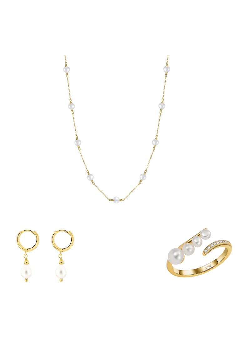 Set Colier - Cercei si Inel Portofino cu Perle de Cultura - Argint Placat cu Aur 14k