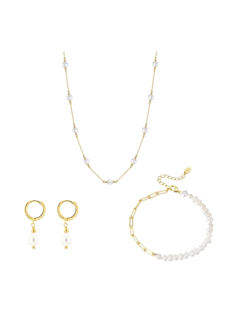Set Colier - Cercei si Bratara Portofino cu Perle de Cultura - Argint Placat cu Aur