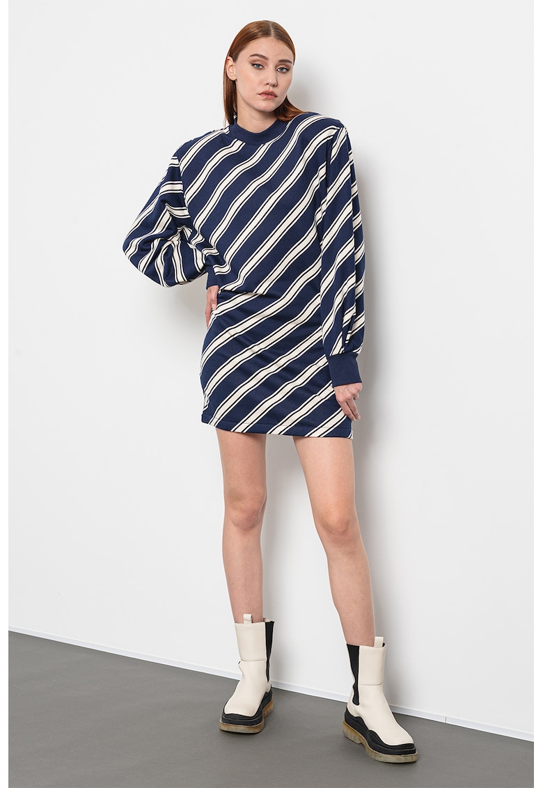 Rochie cu model in dungi si decolteu la baza gatului Ben - Alb/Bleumarin