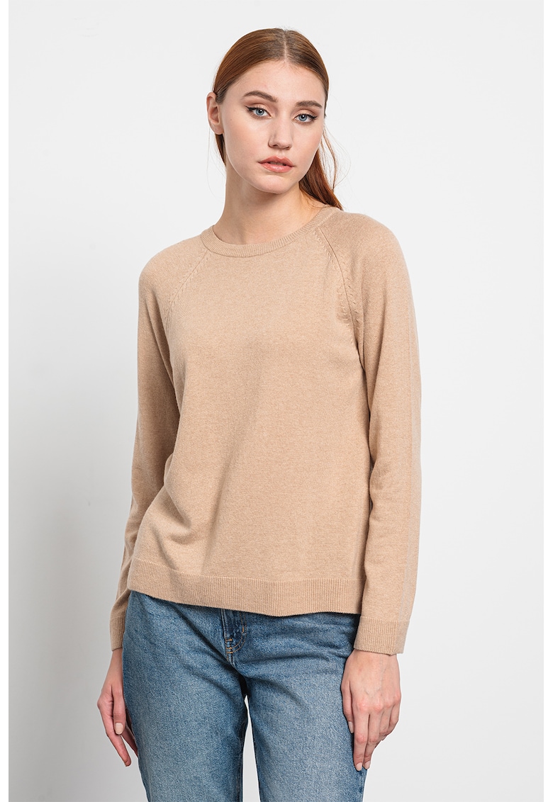 Pulover din amestec de lana cu decolteu la baza gatului - Maro deschis melange