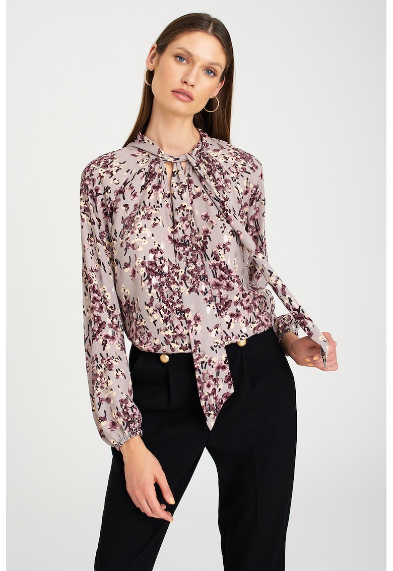 Bluza cu model floral si guler cu funda din panglici