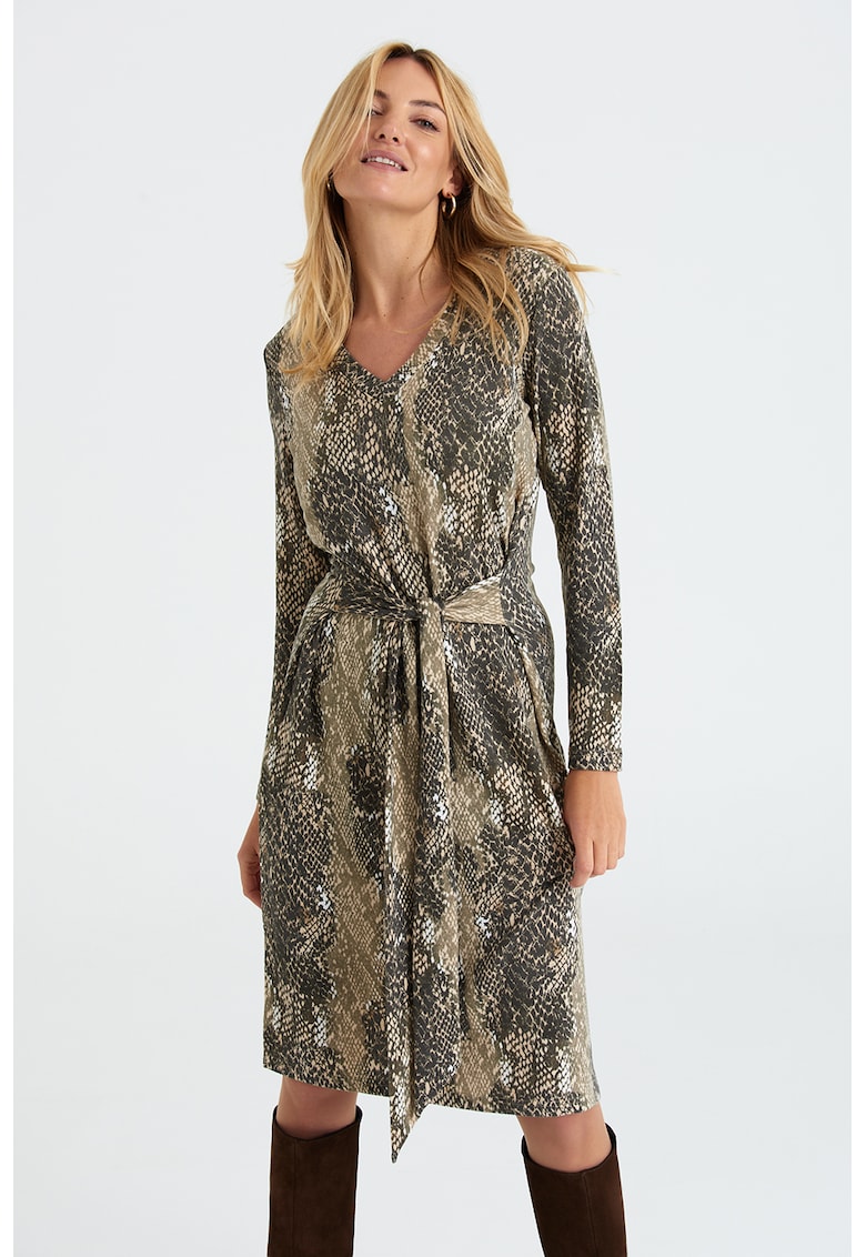 Rochie midi cu decolteu in V si cordon in talie