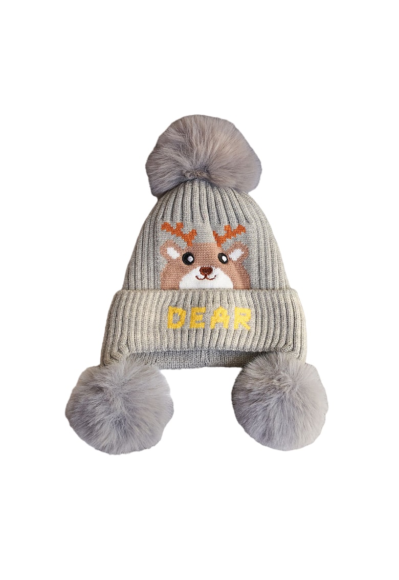 Caciula pentru copii - moale si calduroasa - model cu pom pom pufos multiplu - tematica little deer - 2 – 8 ani - EFAYN