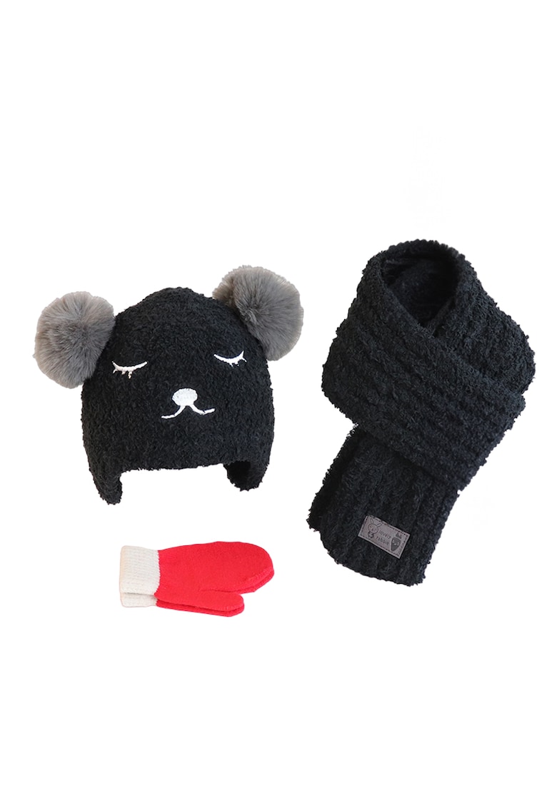 Set trei piese - caciula pentru copii - model pom pom cu ochisori si nasuc - fular moale si manusi calduroase - tematica ready for snow - 1 – 4 ani - EFAYN