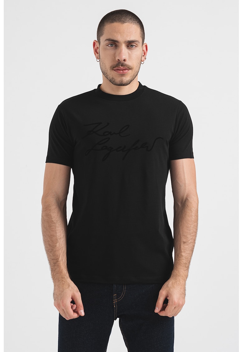 Tricou cu imprimeu logo si decolteu la baza gatului - Negru