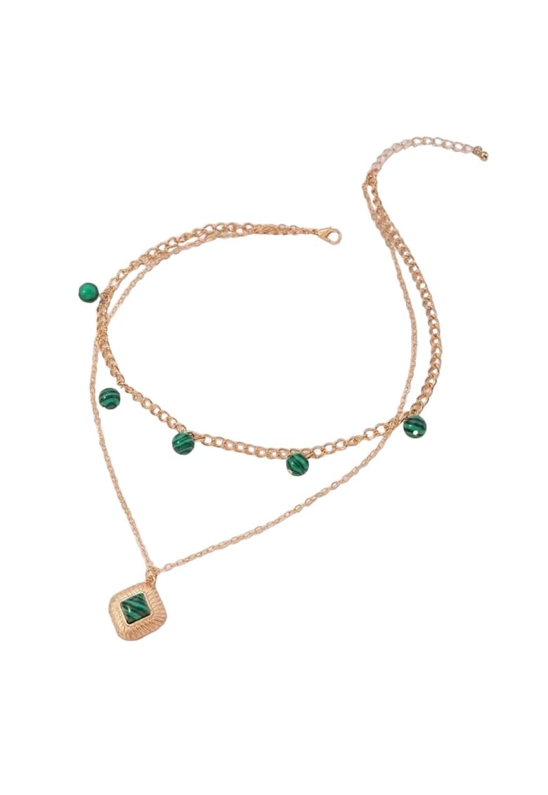 Colier auriu - in 2 straturi - cu bile verzi - Malue C20 -