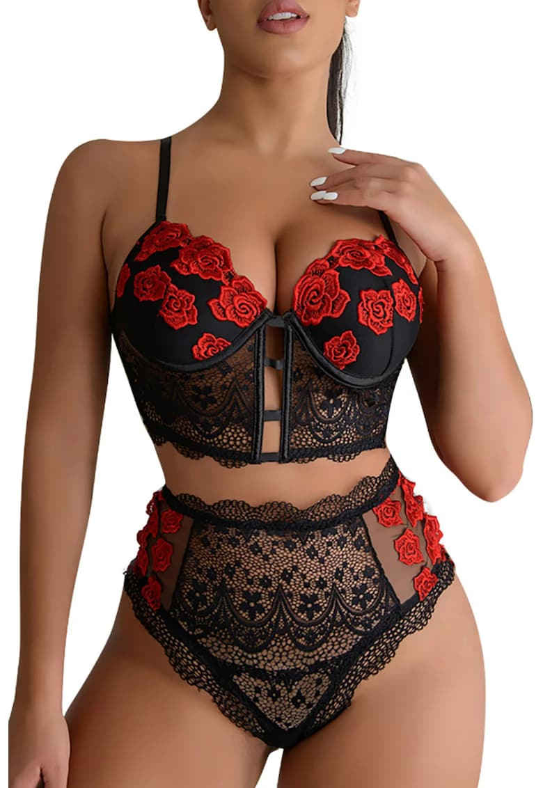 Lenjerie sexy dama - set 2 piese - top tip corset si chiloti cu talie inalta - model flori romantice - EFAYN