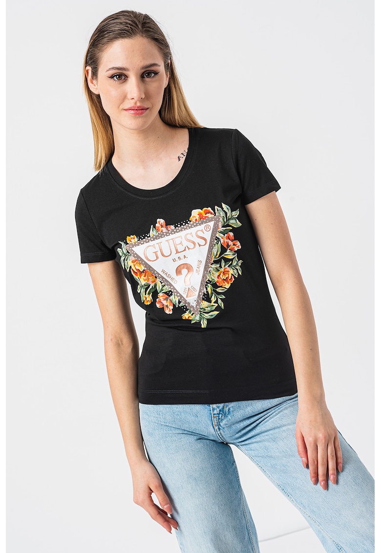 Tricou de bumbac cu imprimeu floral si logo