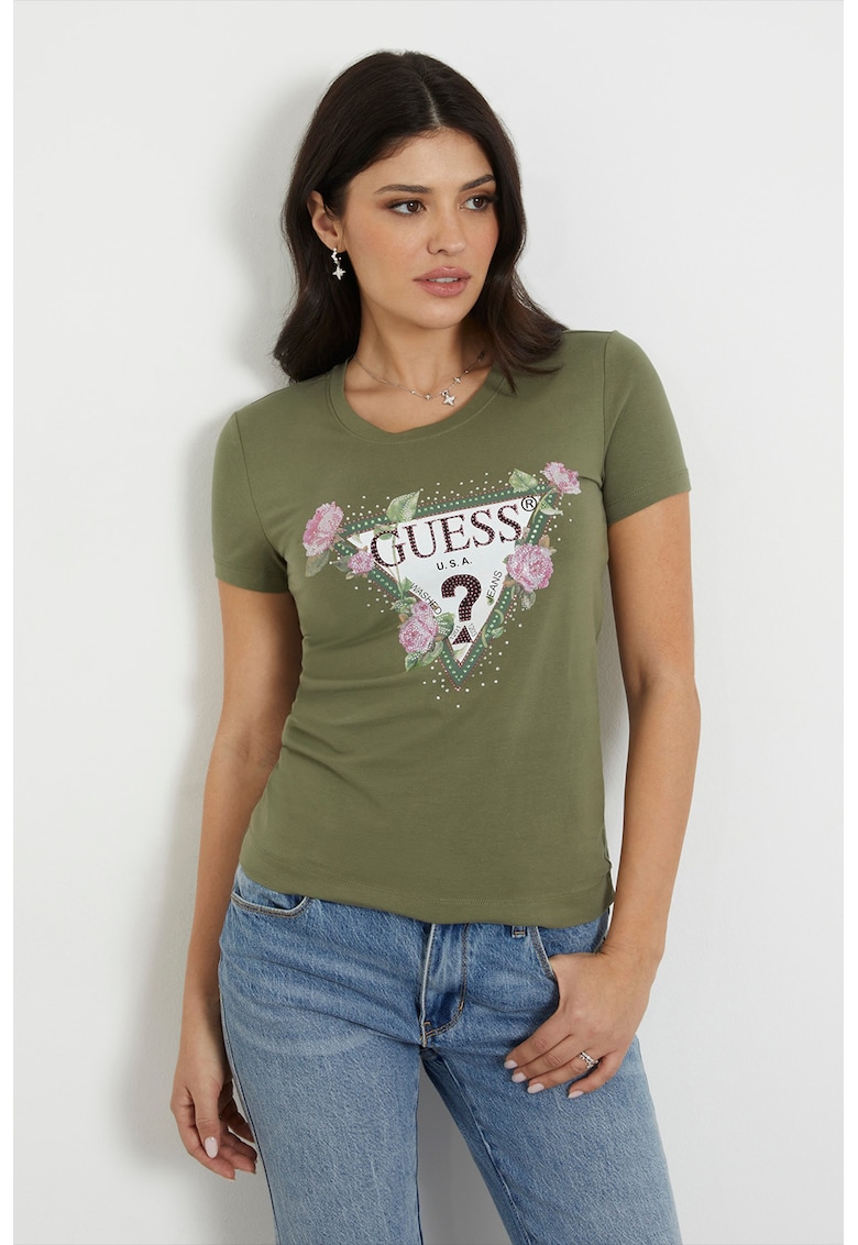 Tricou cu decolteu la baza gatului - cu logo si imprimeu floral