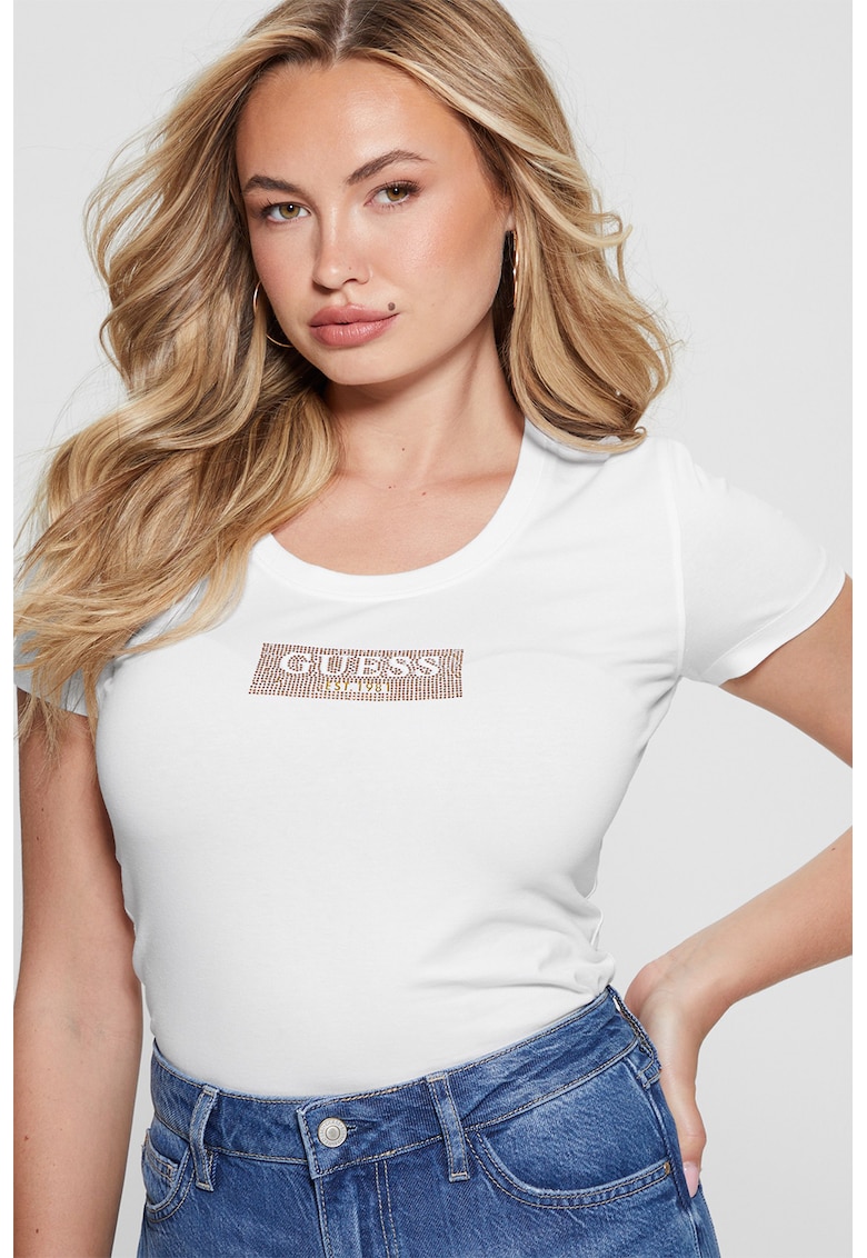 Guess Tricou cu aplicatii logo cu strasuri - Alb