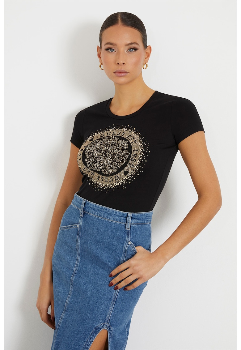 Guess Tricou din amestec de bumbac cu aplicatii cu strasuri - Auriu/Negru