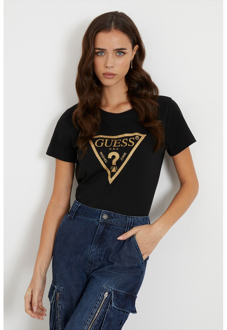 Tricou cu logo si strasuri - Auriu/Negru