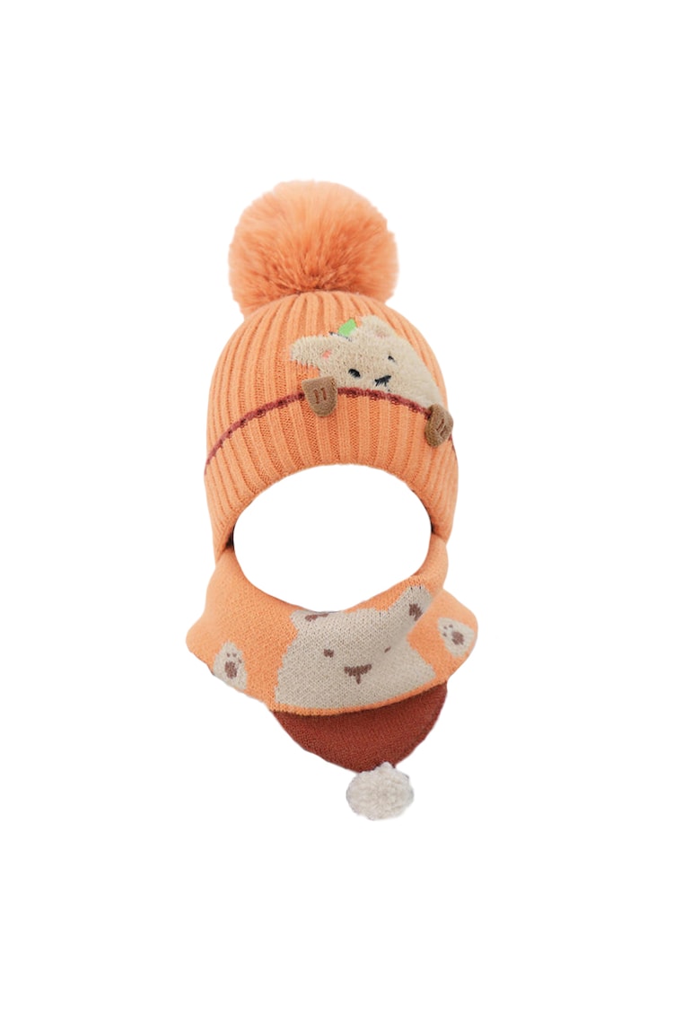 Caciula pentru copii - set doua piese - model pom pom cu ursulet curios - fular asortat tip guler - tematica I’m a friendly little bear - 12 luni – 2 ani - EFAYN