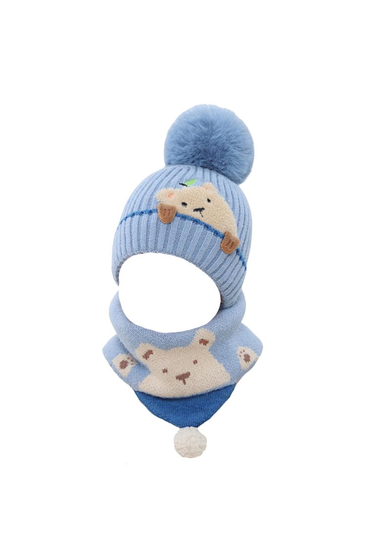 Caciula pentru copii - set doua piese - model pom pom cu ursulet curios - fular asortat tip guler - tematica I’m a friendly little bear - 12 luni – 2 ani - EFAYN