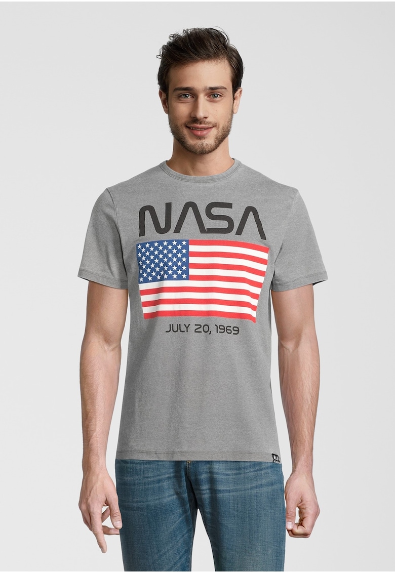 Tricou de bumbac cu decolteu la baza gatului NASA Moon Landing Date USA Flag 5377