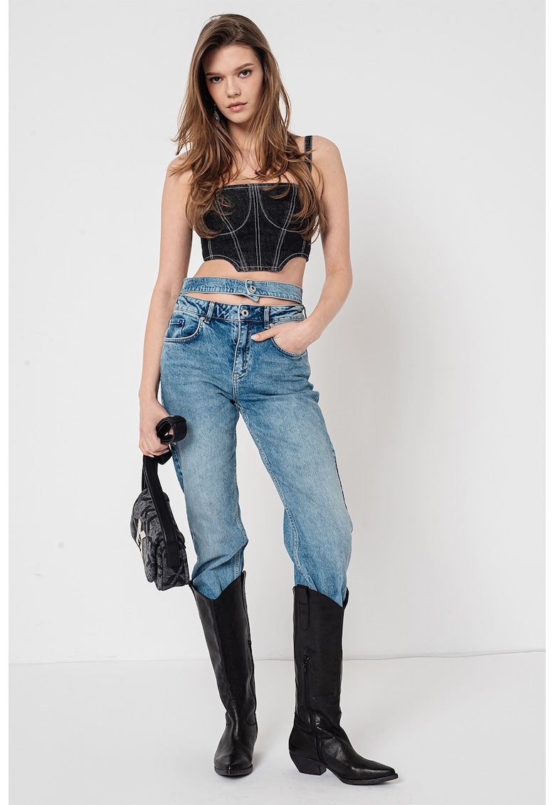 Top crop din denim cu model corset