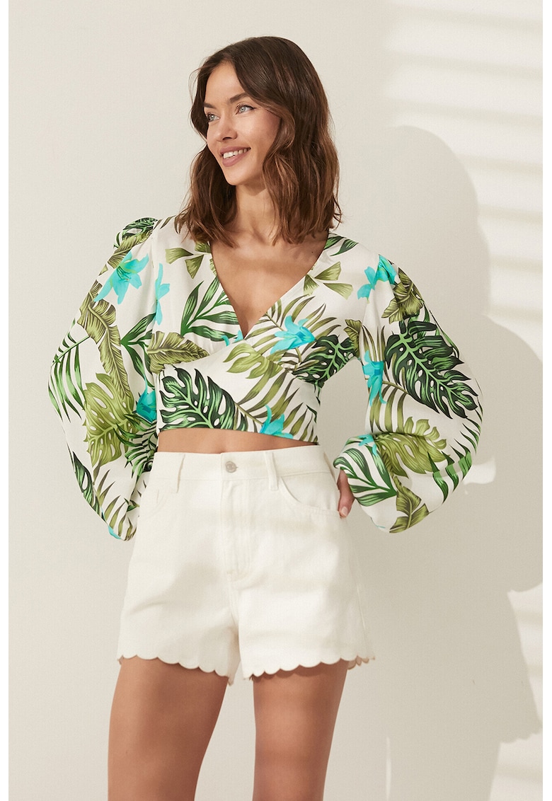 Bluza crop cu imprimeu tropical