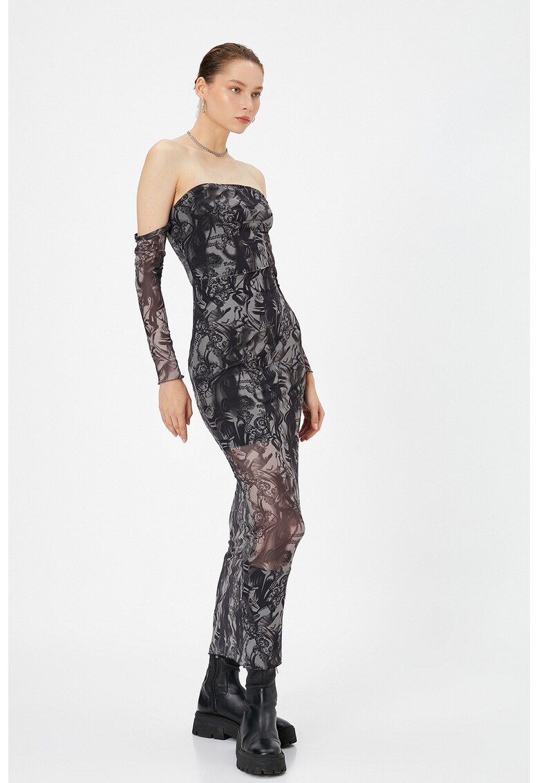 Rochie maxi cu decolteu pe umeri si model abstract
