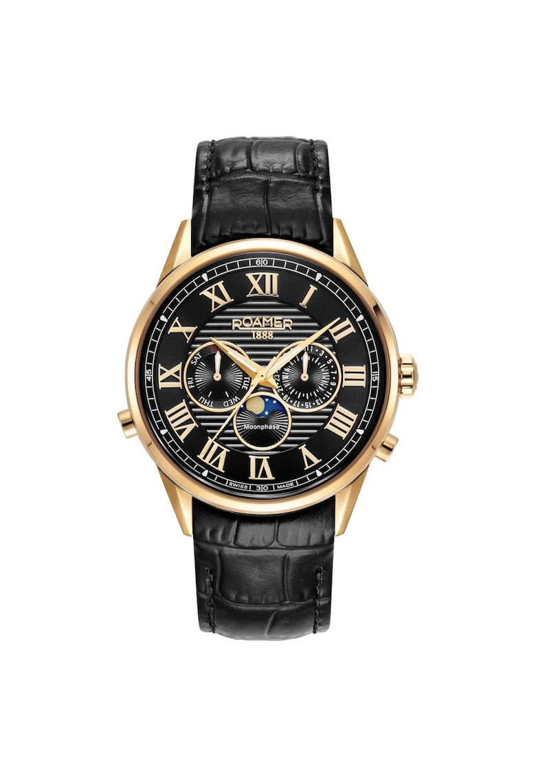 Ceas barbati Superior Moonphase II - Inox/Piele - Negru/Auriu