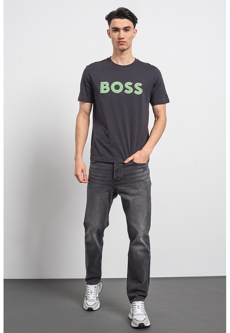 Tricou din bumbac cu imprimeu logo - Verde lime/Gri inchis