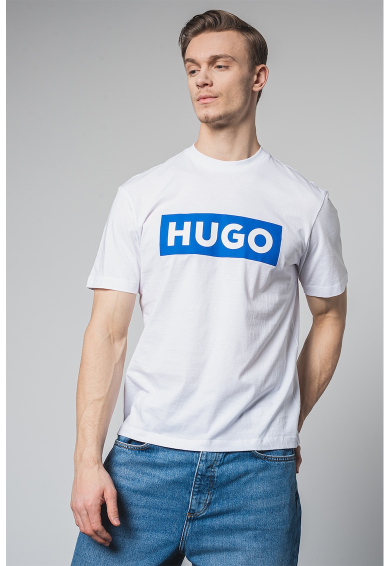 Tricou cu decolteu la baza gatului si imprimeu logo Nico - Alb/Albastru