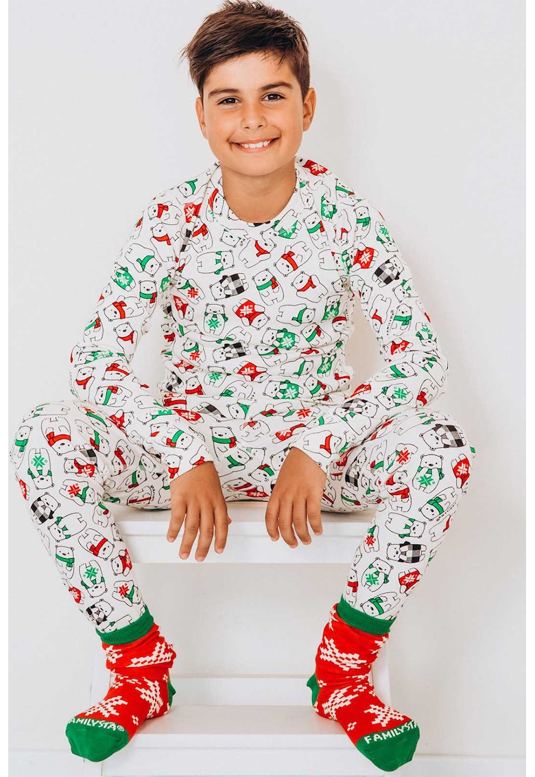 Pijama de bumbac cu pantaloni lungi si tematica de Craciun