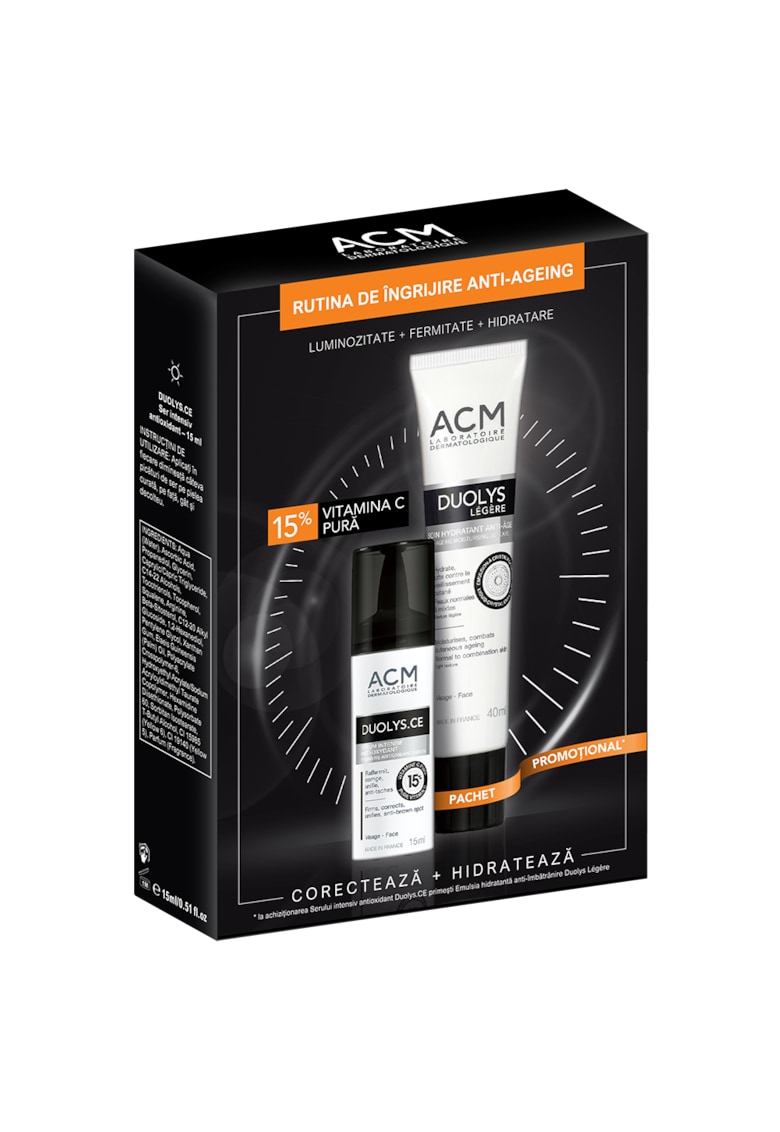 Pachet Ser intensiv antioxidant cu vitamina C pura 15% Duolys CE - 15 ml + Crema hidratanta anti-imbatranire Duolys Legere - ACM - 40 ml -