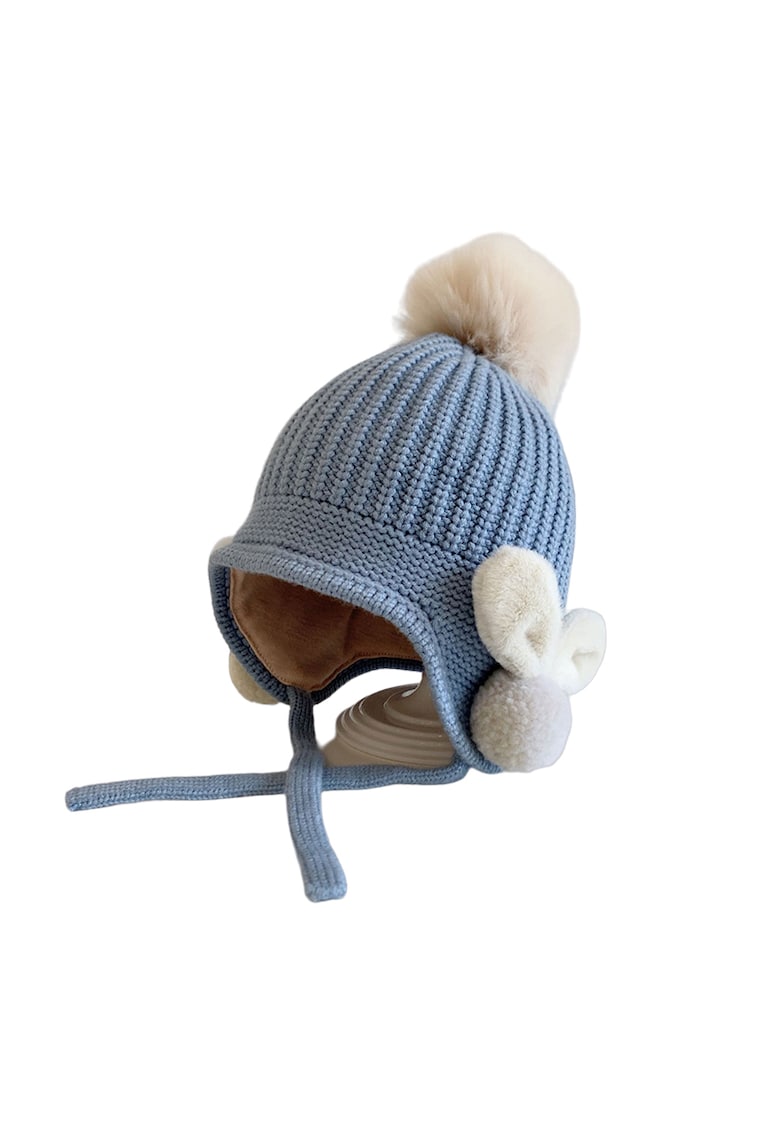 Caciula pentru copii - model cu pom pom si prindere reglabila sub barbie - accesorizata cu iepurasi la urechi - tematica little bunny in the winter - 1 – 3 ani - EFAYN