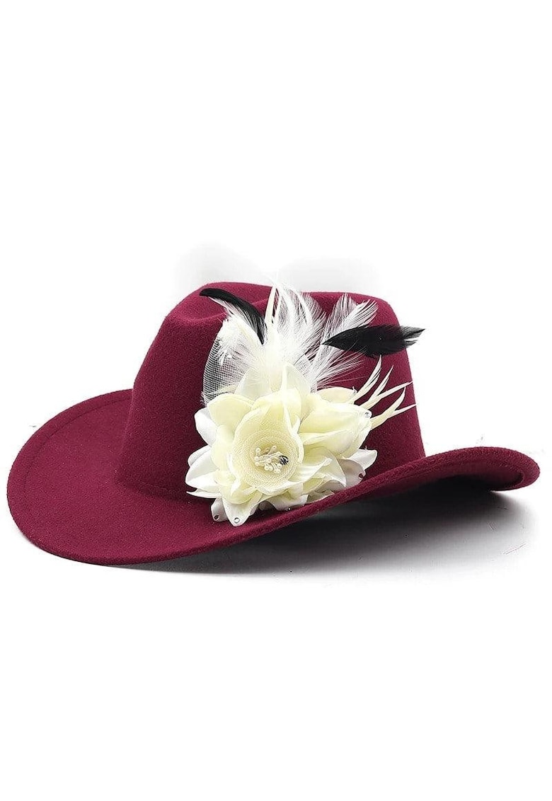Palarie dama - visinie - stil cowboy - cu floare si pene - Marshall -