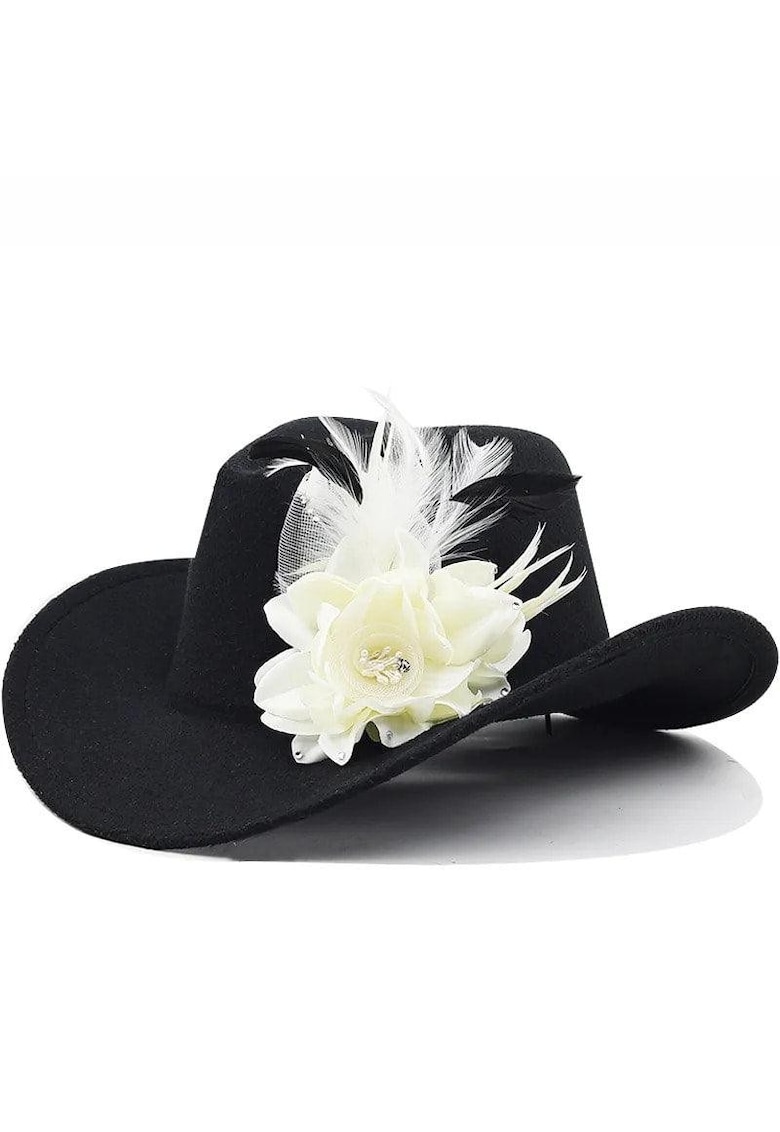 Palarie dama - neagra - stil cowboy - cu floare si pene - Marta -