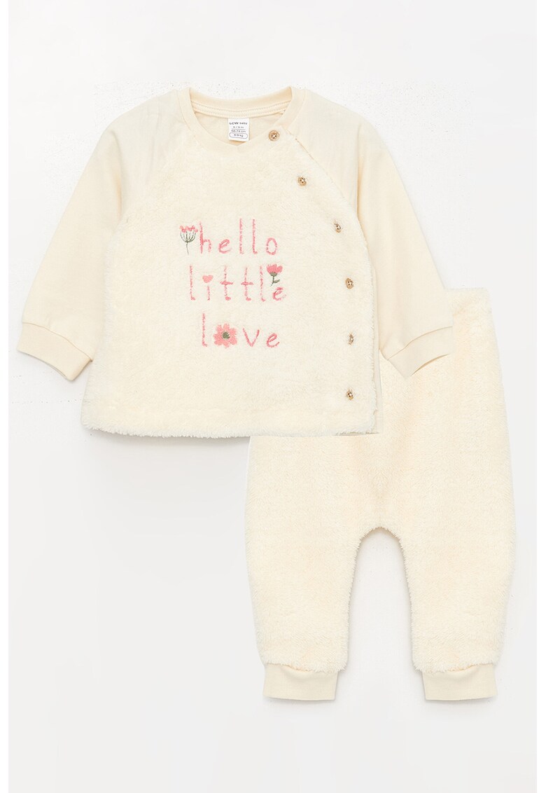 Set de bluza din material teddy si pantaloni cu broderie