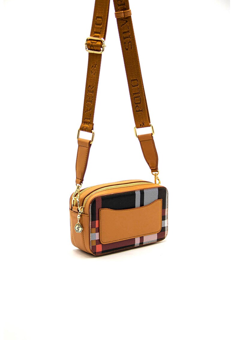 Geanta crossbody cu imprimeu si logo metalic