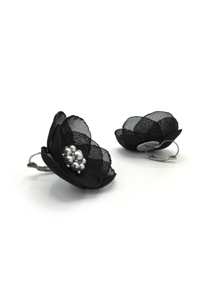 Cercei floare - Cybele - voal negru - mijloc perle argintii - tortite inox